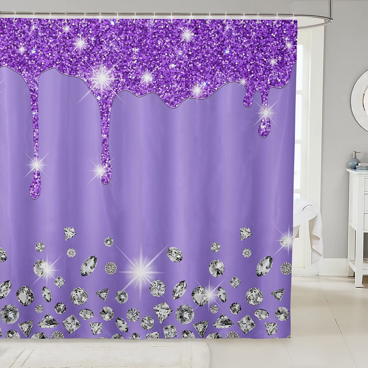 Loussiesd Silver Glitter Shower Curtain (No Glitter) Bling Partyations Purple Bathroom Fabric Set Diamond and Jewelry Bath Waterproof Curtains Stalls Bathtubs 72x72 Inch, Multicolored 2 — image 1