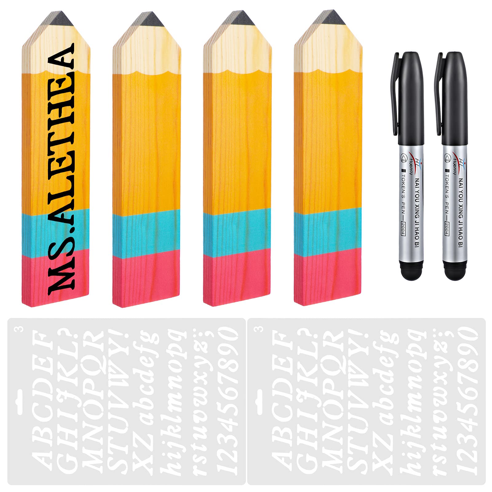 Photo 1 of Zonon 8 Pieces Personalized Pencil Name Plate Blank Wooden Desk Sign with Marker Pen and English Letter Template Teacher Appreciation Presents for Classroom School Wood Decor Christmas Party Supplies