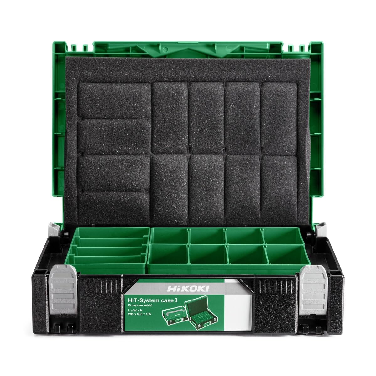 HIKOKI Transportkoffer HSC I (universelle Aufbewahrung und Transport von Zubehör und Werkzeug, stapelbar, Grün-Schwarz, inkl. Schaumstoffeinlagen, 295x395x105mm)