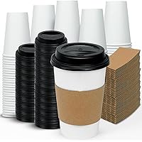 GINKGO [100 Pack 16 oz Disposable Coffee Cups with Lids and Sleeves - to Go Coffee Cups for Hot & Cold Drinks