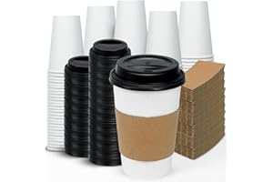 GINKGO [100 Pack 16 oz Disposable Coffee Cups with Lids and Sleeves - to Go Coffee Cups for Hot & Cold Drinks