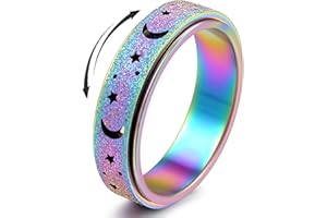 OREILLESTAR Anxiety Ring for Women Spinner Ring Fidget Ring Fidget Toys Adults Thumb Spinner Rings for Men Stainless Steel Moon Star Rainbow Size 9