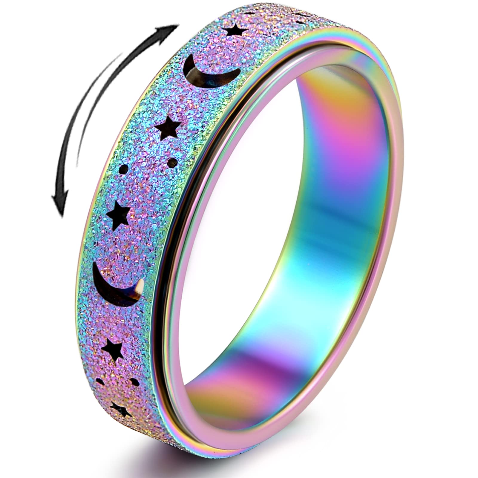 Photo 1 of Anxiety Ring for Women Spinner Ring Fidget Ring Fidget Toys Adults Stainless Steel Thumb Rings for Women Fidgit Ring Men Moon Star Rainbow 6