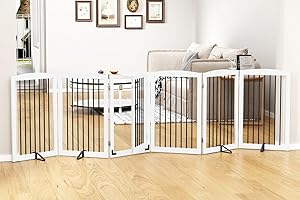 PUPETPO Freestanding Pet Gate with Door, Tall Dog Gate for House, Dog Gates for The House Extra Wide, Pet Puppy Safety Fence, Support Feet Included, 120 Inch Wide, 6 Panels 32" Tall, White & Black