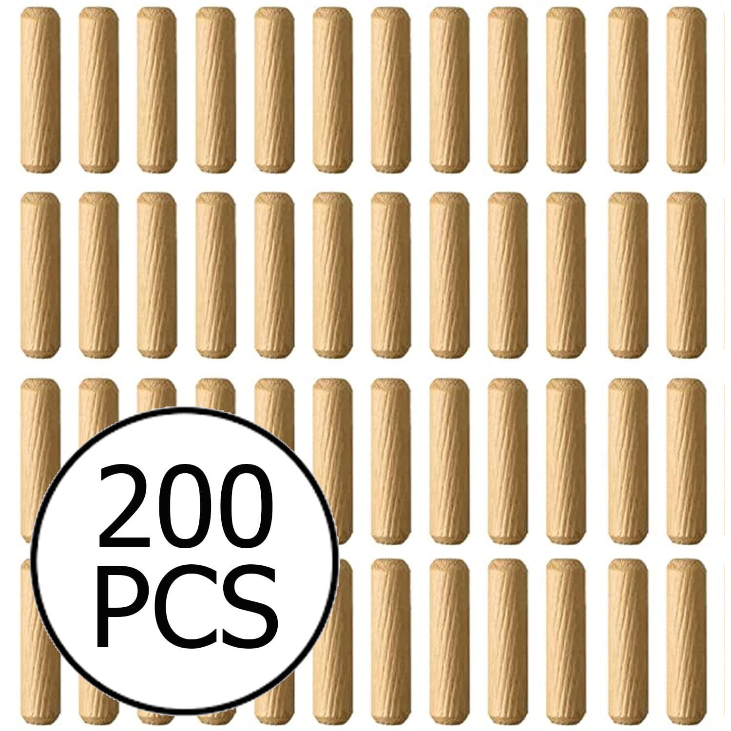 200PCS Kiln-Dried Hardwood Wooden Dowel Pins – Precision Fluted & Beveled Design (6mm x 30mm) for Strong & Secure Joints in Furniture, Cabinetry, Crafting, Carpentry, and DIY Woodworking Projects