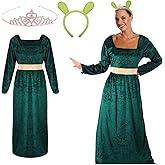 Mepase 3 Pcs Halloween Green Princess Costume for Women Green Dress Ogre Ears Headband and Crown for Monsters Princess Cosplay Halloween Party Dress up Accessories