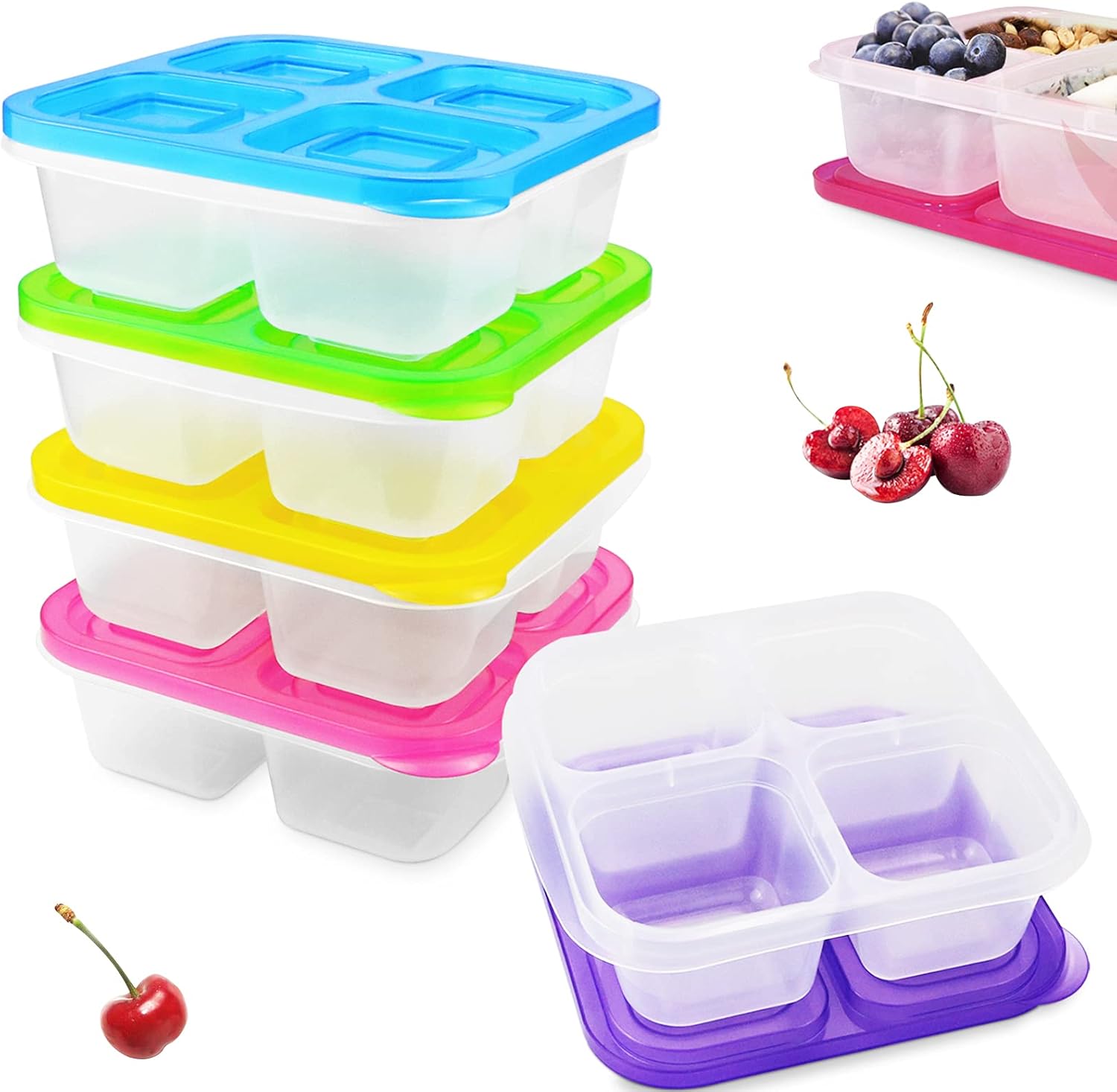 SKPPC Set of 5 Reusable Bento Snack Food Containers, 4 Compartments Leakproof Food Prep Containers for Travel, School and Work