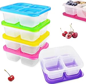 SKPPC Set of 5 Reusable Bento Snack Food Containers, 4 Compartments Leakproof Food Prep Containers for Travel, School and Work
