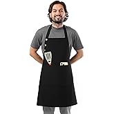 TOSHE Kitchen Apron Waterdrop Resistant Cotton Apron with adjustable Aprons for Women with Pockets 10 Color option Cooking Black Apron (Black)