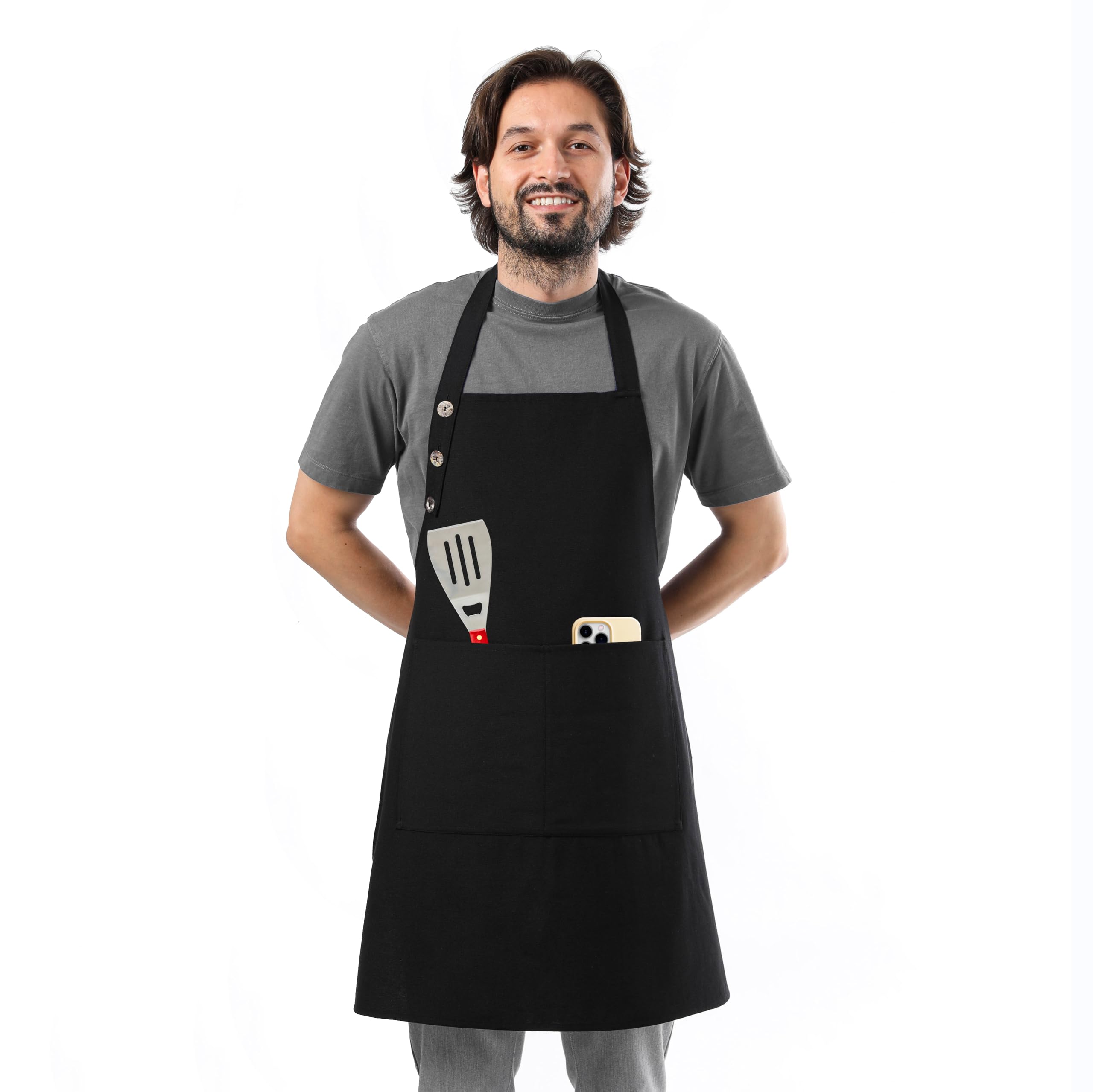 TOSHE Kitchen Apron Waterdrop Resistant Cotton Apron with adjustable Aprons for Women with Pockets 10 Color option Cooking Black Apron (Black)