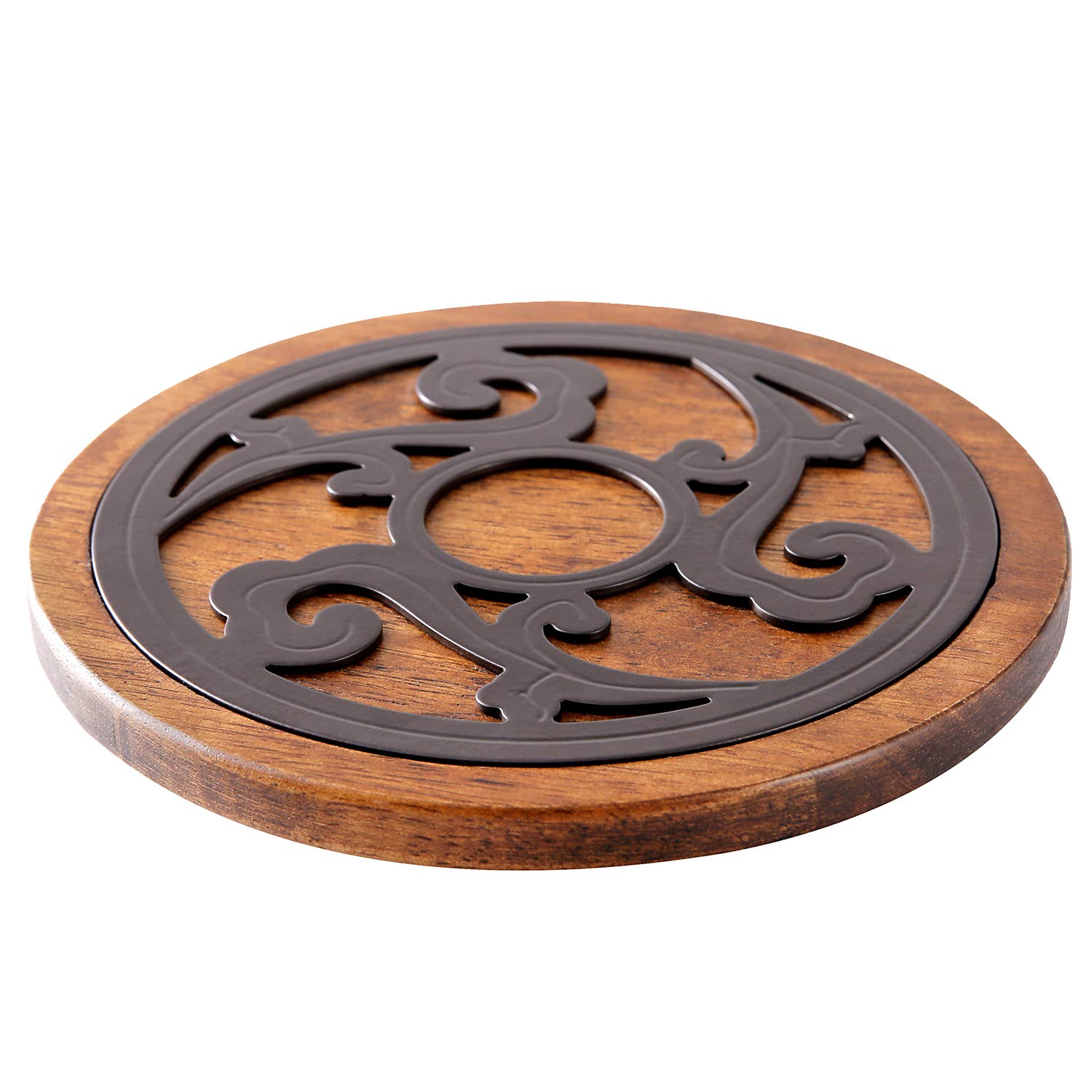 Trivet, Pot Mat Made of Wood and Metal, Solid Wood, Round, Diameter 20 cm, Heat Resistant, Non-Slip, for Hot Pots, Pans Casserole Dishes, Suitable for Kitchen Dining Table