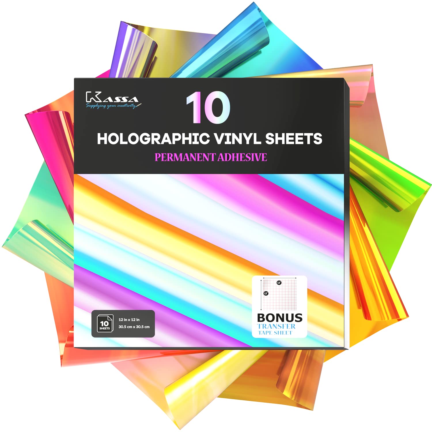 Kassa Permanent Holographic Vinyl Sheets (10 Pack, 12 x 12 Inch) - Color Changing Opal Self Adhesive Craft Vinyl Bundle - Includes Bonus Transfer Tape - Compatible With All Cutting Machines
