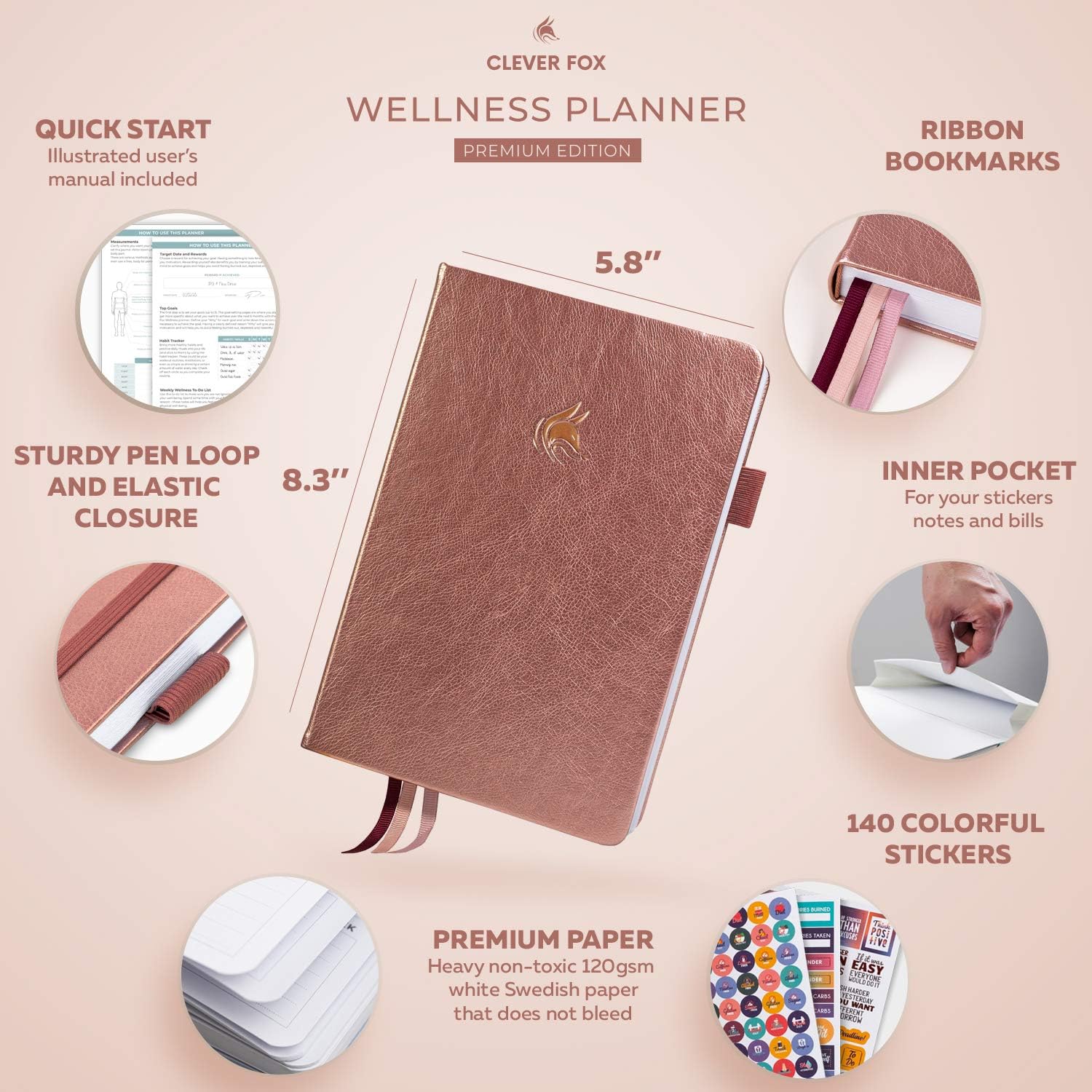 Clever Fox Wellness Journal - Weekly & Daily Health and Wellness Log, Food Journal & Meal Planner Diary for Calorie Counting, Notebook for Medical Condition Tracking, A5-Sized - Rose Gold : Office Products