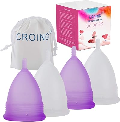 CROING Reusable Menstrual Cups Set of 4, Small & Large, Silicone, Purple, White
