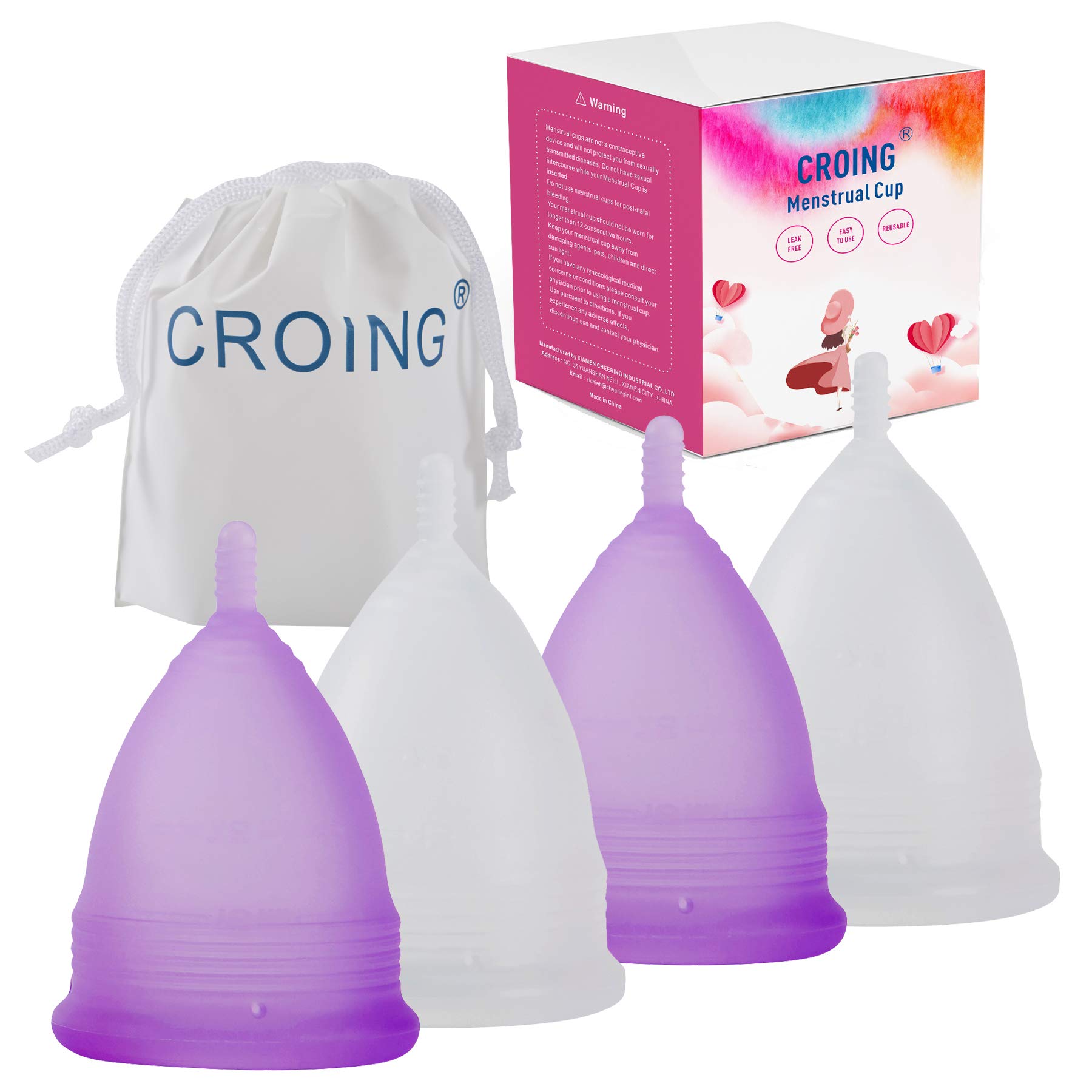 𝙈𝙚𝙣𝙨𝙩𝙧𝙪𝙖𝙡 𝘾𝙪𝙥𝙨 Reusable Menstrual Cup Set of 4, Period Cup, 2 pcs Small and 2 pcs Large (Purple and White)