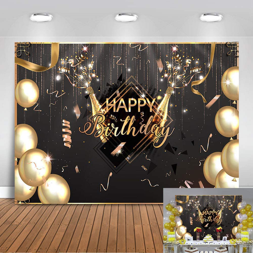 Avezano 2.2x1.5m Black Golden Balloons Photo Background Gold Champagne Photo Backdrops Happy Birthday Party Banner 30th 40th 50th 60th Birthday Decoration Studio Props Banner