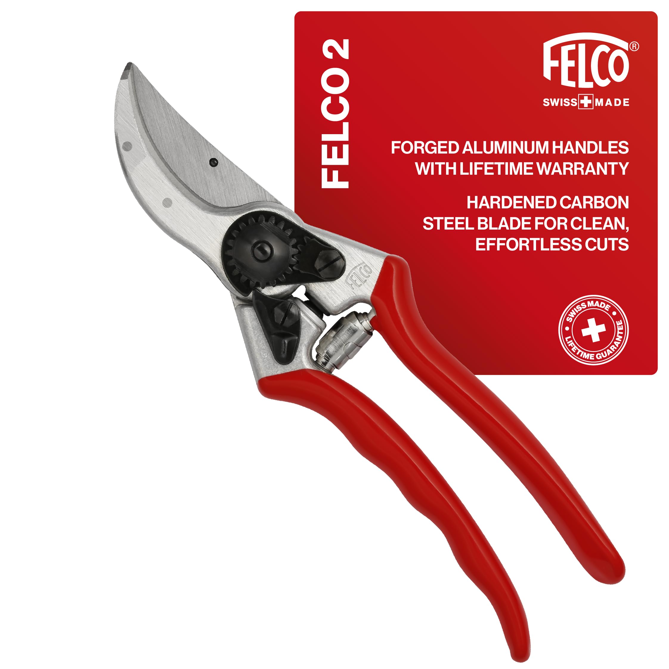 FELCO 2 Pruning Secateurs – 25 mm Cutting Diameter, for Large Hands, 215 mm Length, with Sap Groove, Straight Handles, Red
