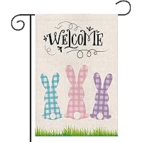 Easter Garden Flag, Buffalo Plaid Bunny Yard Flag, Double Sided Burlap Flag, Easter Decor Garden Banner for Outdoor…