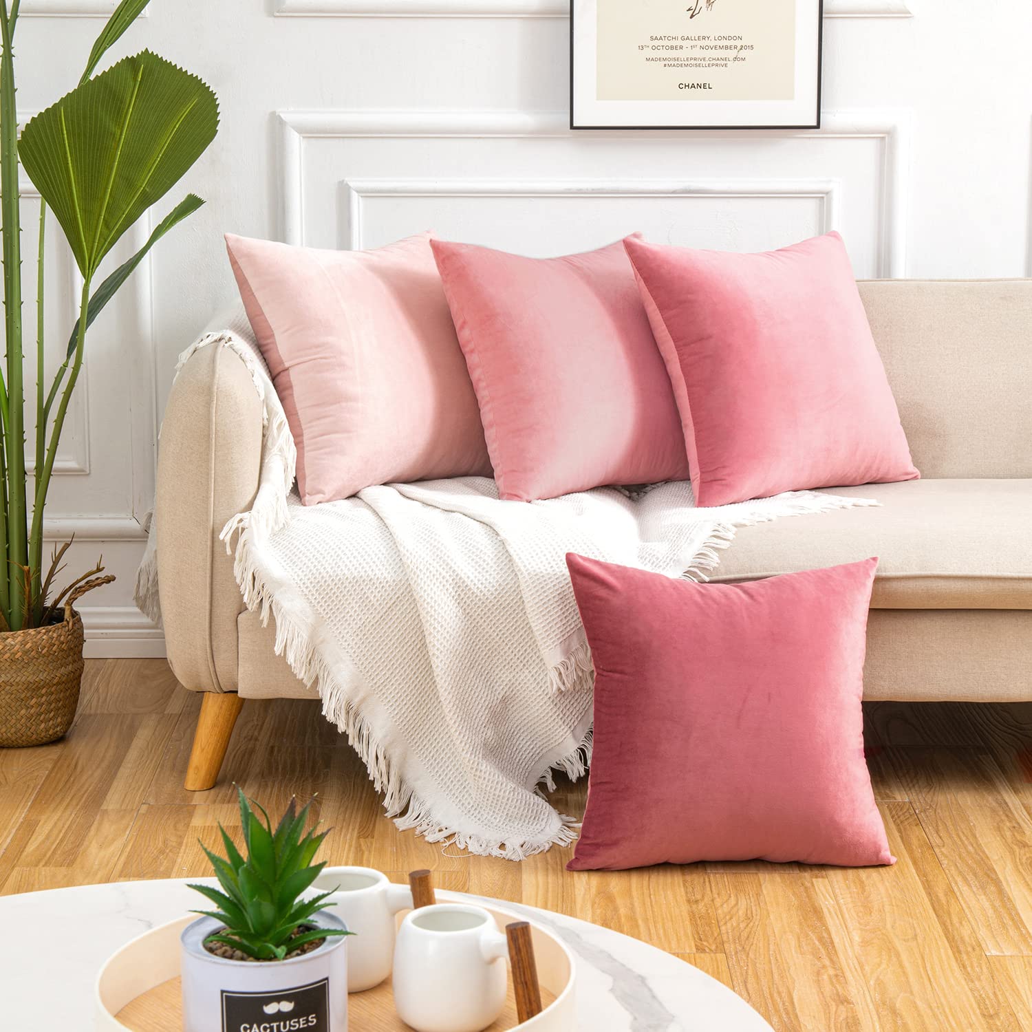 Yonous Gradient Colors Combo Set Cushion Covers, Premium Velvet Soft Square Decorative Throw Pillow for Sofa Bedroom Car, Set of 4, (18''x18'', Pink-Light Pink) — image 1