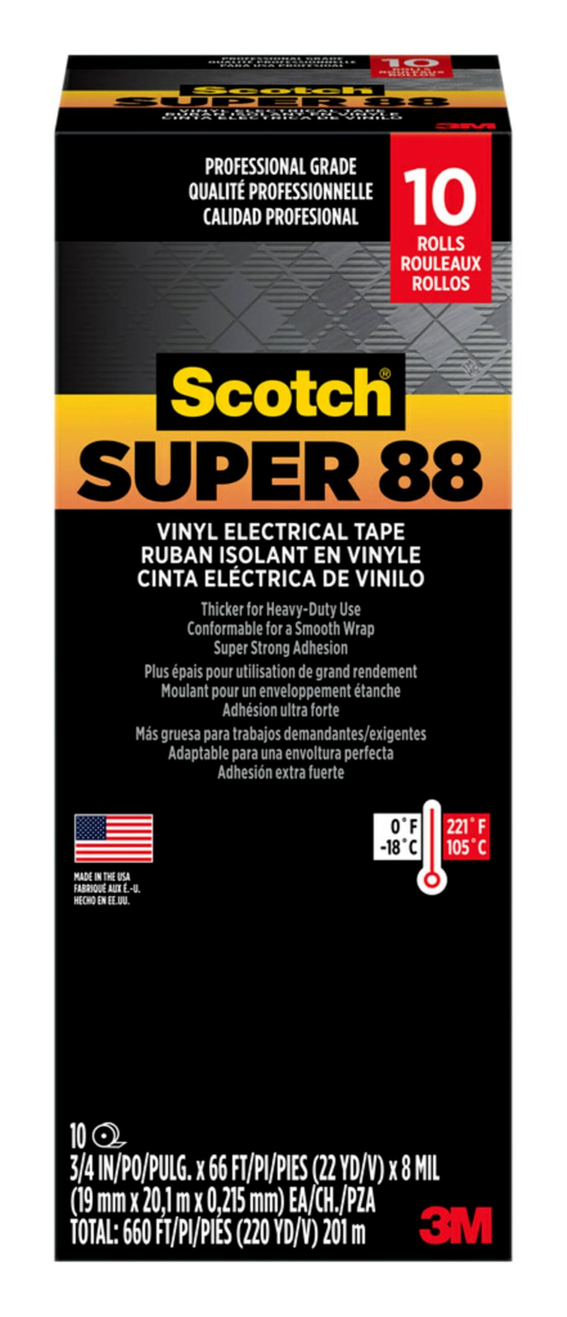 3M Scotch Super 88 Vinyl Electrical Tape, -18 to 105 Degree C, 10000 mV Dielectric Strength, 66' Length x 3/4" Width, Black (Pack of 10)