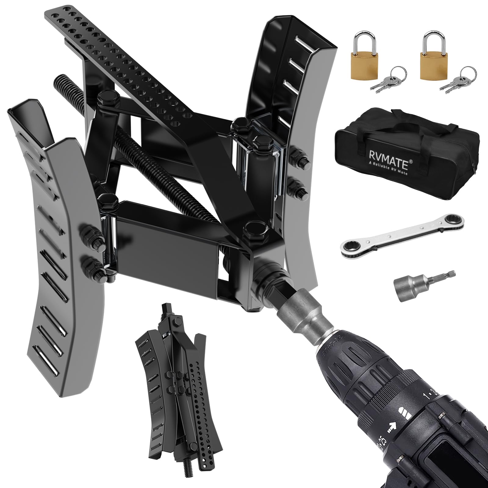 Photo 1 of RVMATE RV Wheel Chock Stabilizer with Rotatable Sides for RV Travel Trailer Tires, for Locking Tandem Wheels When Parked on Uneven Surfaces, Black