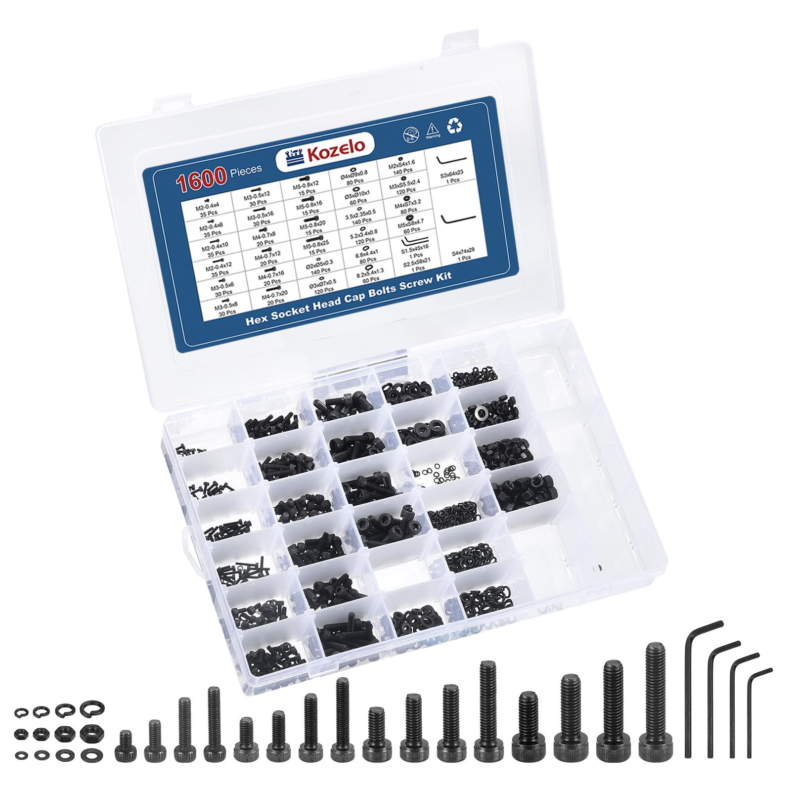 Kozelo 1600pcs Socket Head Cap Screws Bolts Nuts Assortment Kit - [M2/M3/M4/M5] Alloy Steel Black Oxide 12.9 Internal Hex Screw for 3D Printer Use, with Wrench