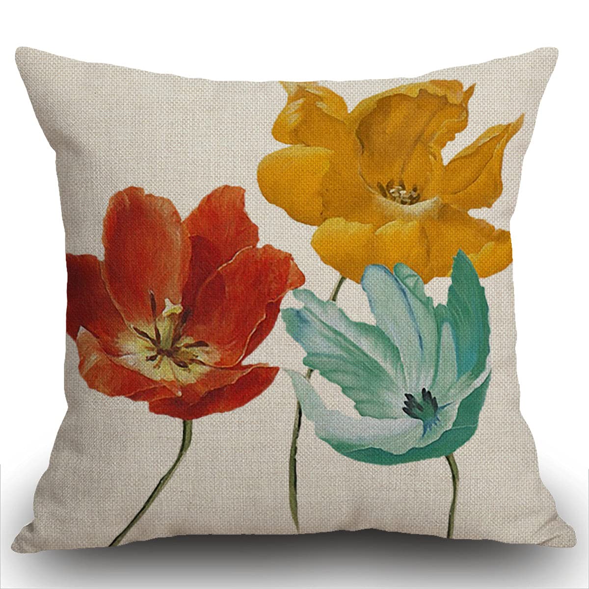 Smooffly Cotton Linen Square Decorative Cushion Cover Enchanting Beautiful Tricolor Orange Red Yellow Blue Poppy Flowers Gift Anniversary Day Present Throw Pillow Case 18"X18" 45 x 45 cm