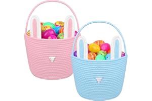 2 Pack Easter Bunny Baskets Bags Cotton Rope Easter Baskets Easter Woven Storage Basket 3D Cute Bunny Design Empty Basket wit