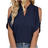 SweatyRocks Women's Cold Shoulder Dressy Blouses Short Dolman Sleeve Notch V Neck Casual Shirts