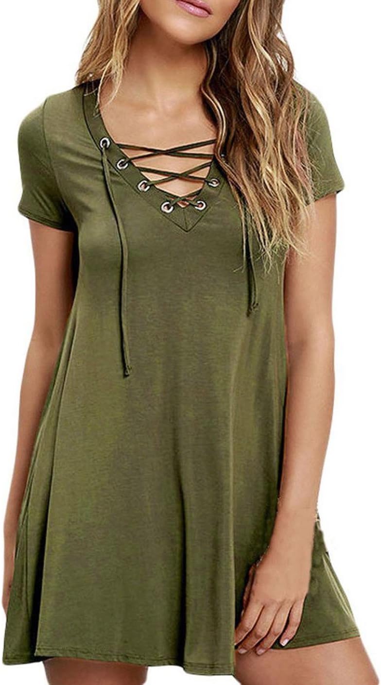 DREAGAL Women's Short Sleeve Sexy V Neck Lace up Front Cross Causal Dress
