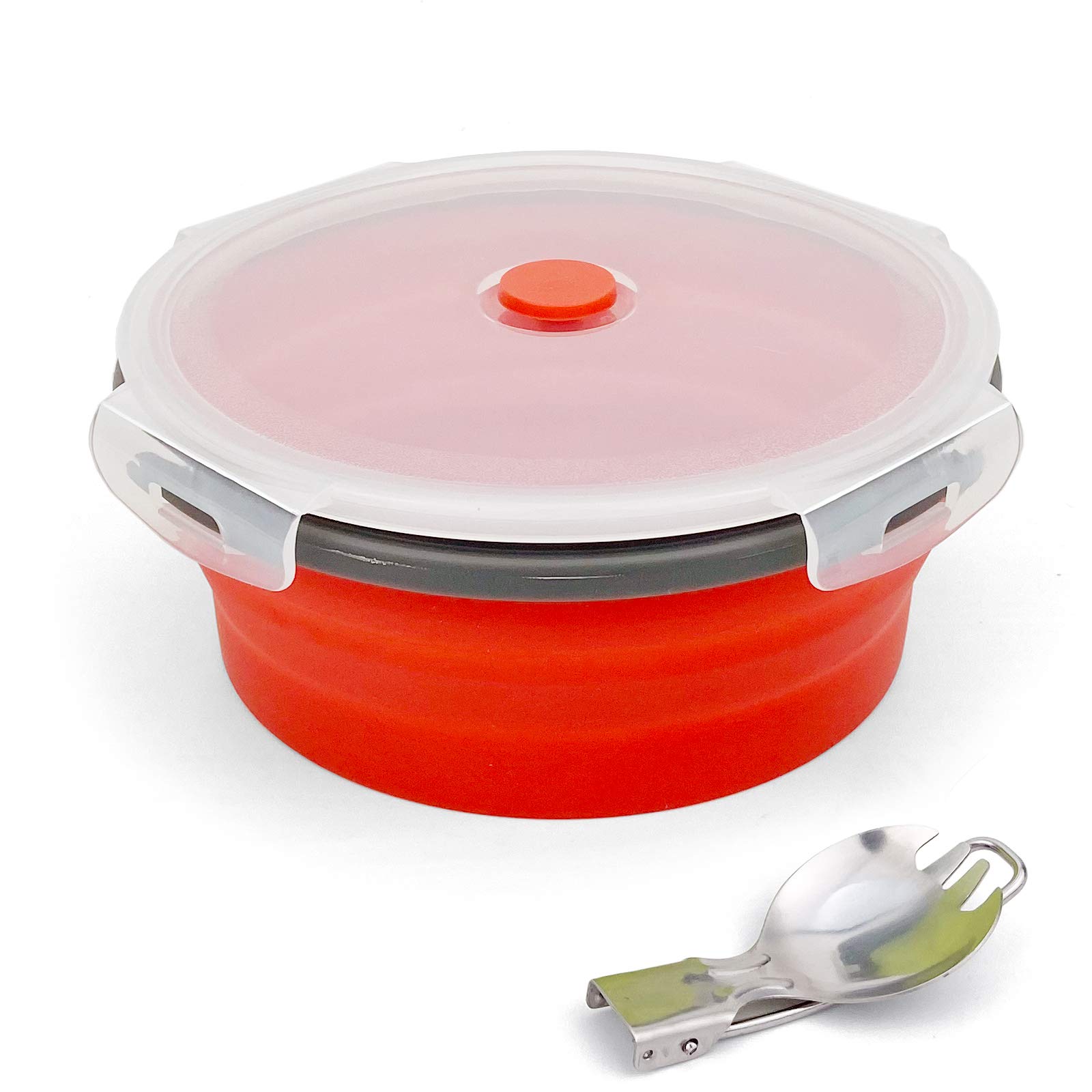 Ewrap 1200ML Round Collapsible Camping Bowl, Portable Silicone Food Storage Containers, Silicone Bowl with Lid and Foldable 2 in 1 Fork Spoon, for Camping and Kitchen, Freezer and Microwave Safe, Red