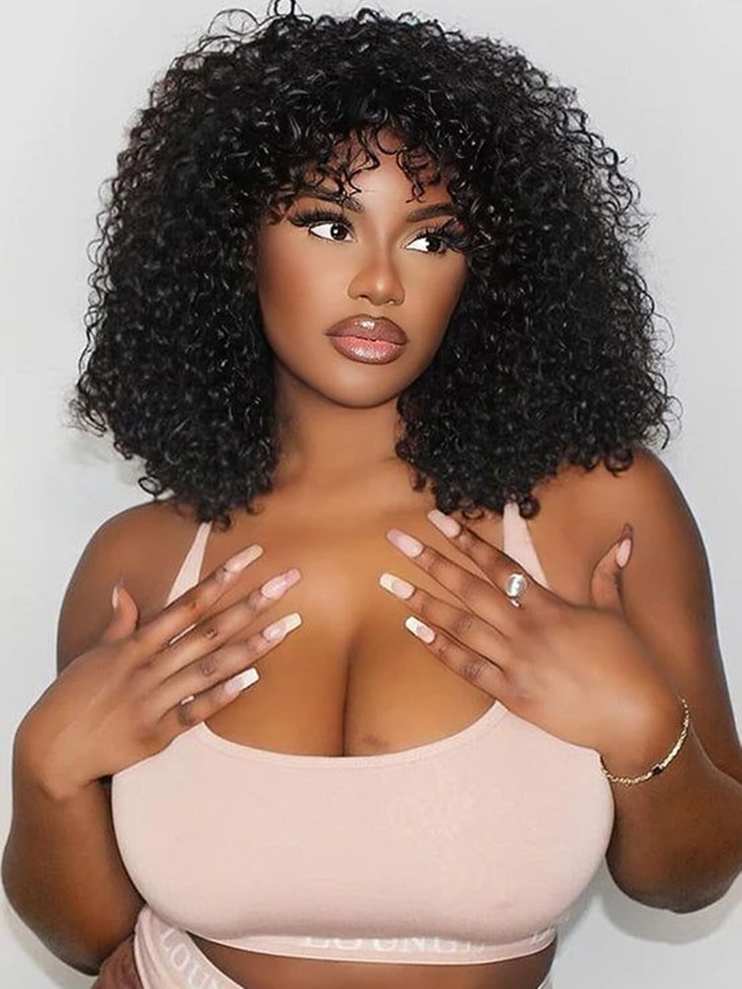 Curly Human Hair Wig With Bangs Bob Wig with Fringe For Black Women Brazilian Virgin Hair Machine Made Wear and Go Wigs Easy to Styled 14inch
