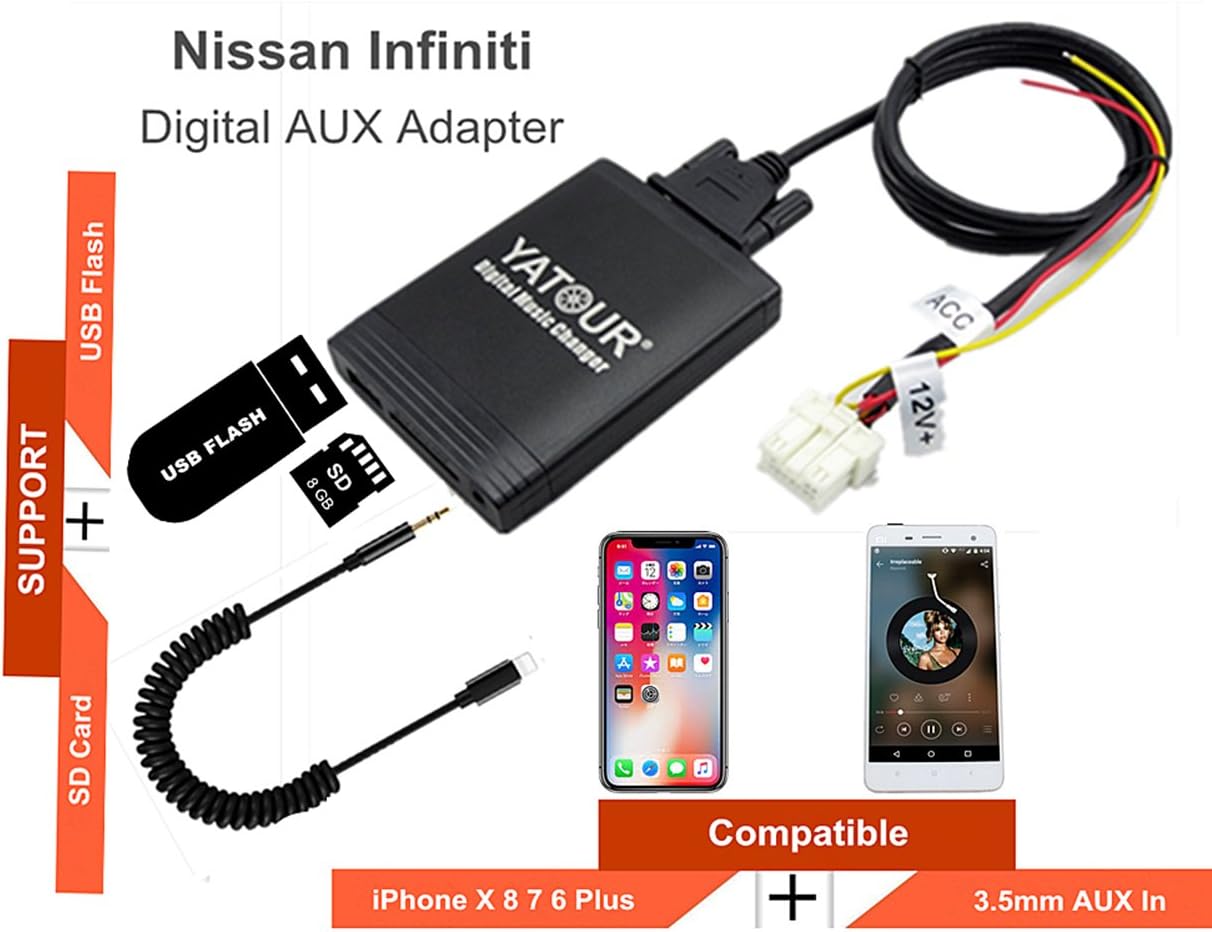 Nissan Infiniti Stereo AUX Adapter, Digital Car Audio Input Interface with SD Card, MP3 USB, 3.5mm AUX in, Music Player for Nissan Infiniti 1995-2011 (M06-NIS)