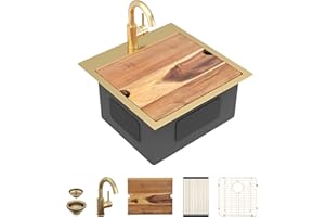 Fulorni 18"x18" Drop In Bar Prep Sink Workstation – Brushed Gold NANO-PVD, 16 Gauge 304 Stainless Steel, Single Bowl Top Mount Wet Bar RV Outdoor Kitchen Sink with Faucet