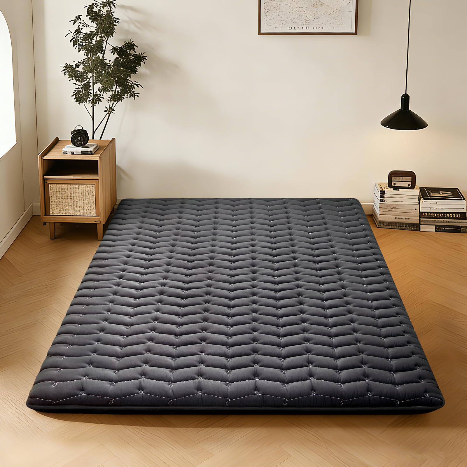 Premium Foam 3.2" Thick Japanese Futon Floor Mattress - Queen Size 60"x80" 100% High-Density Foam,Comfortable Sleeping Pad,Tatami Mat for Dorm,Bedroom or Guest Room,Boys Girls Dormitory Pads(Black)