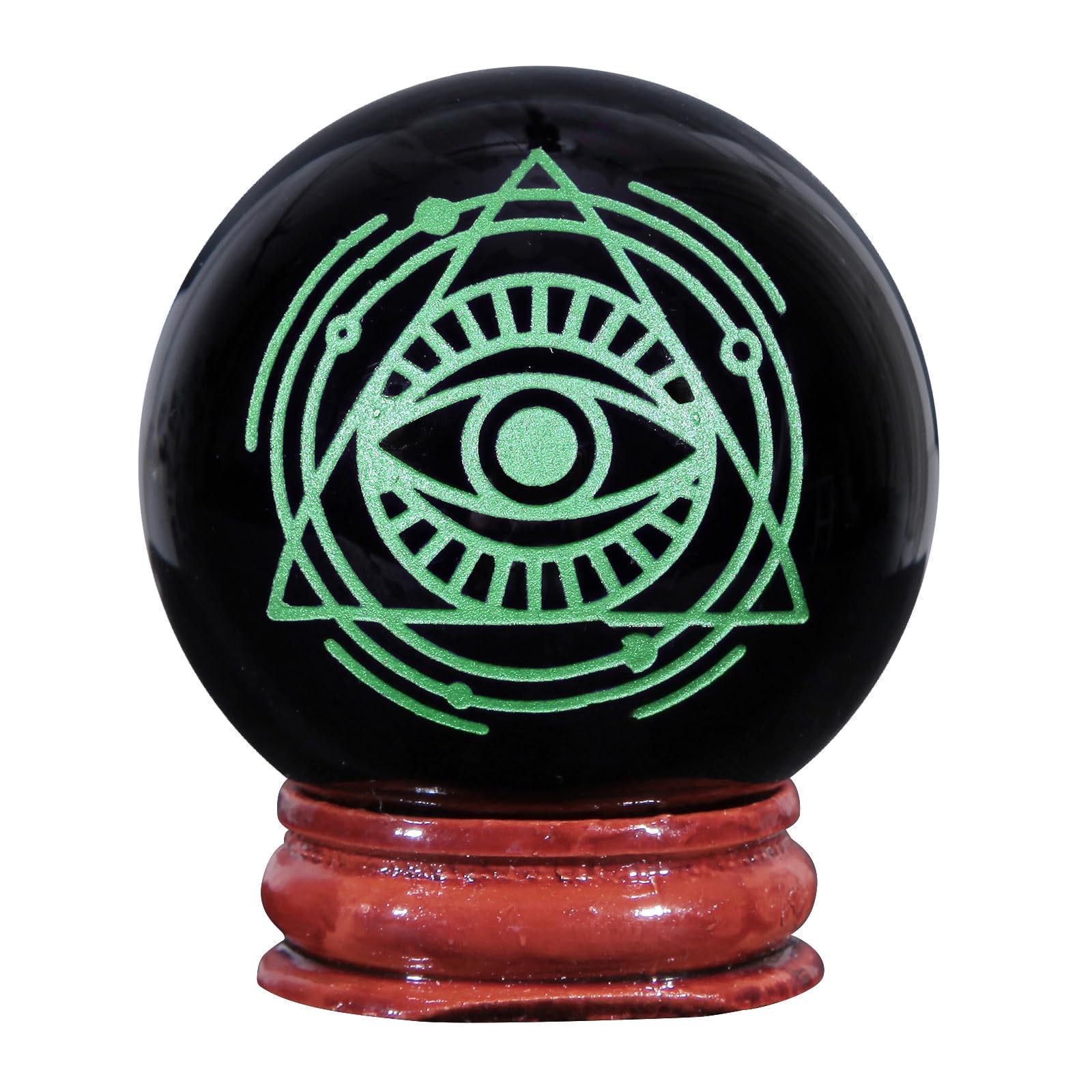 Nupuyai 1.9" Engraved Symbol Obsidian Crystal Ball with Stand, Polished Feng Shui Crystal Sphere Stone Ornament Home Office Decor, Eye of Providence, Green