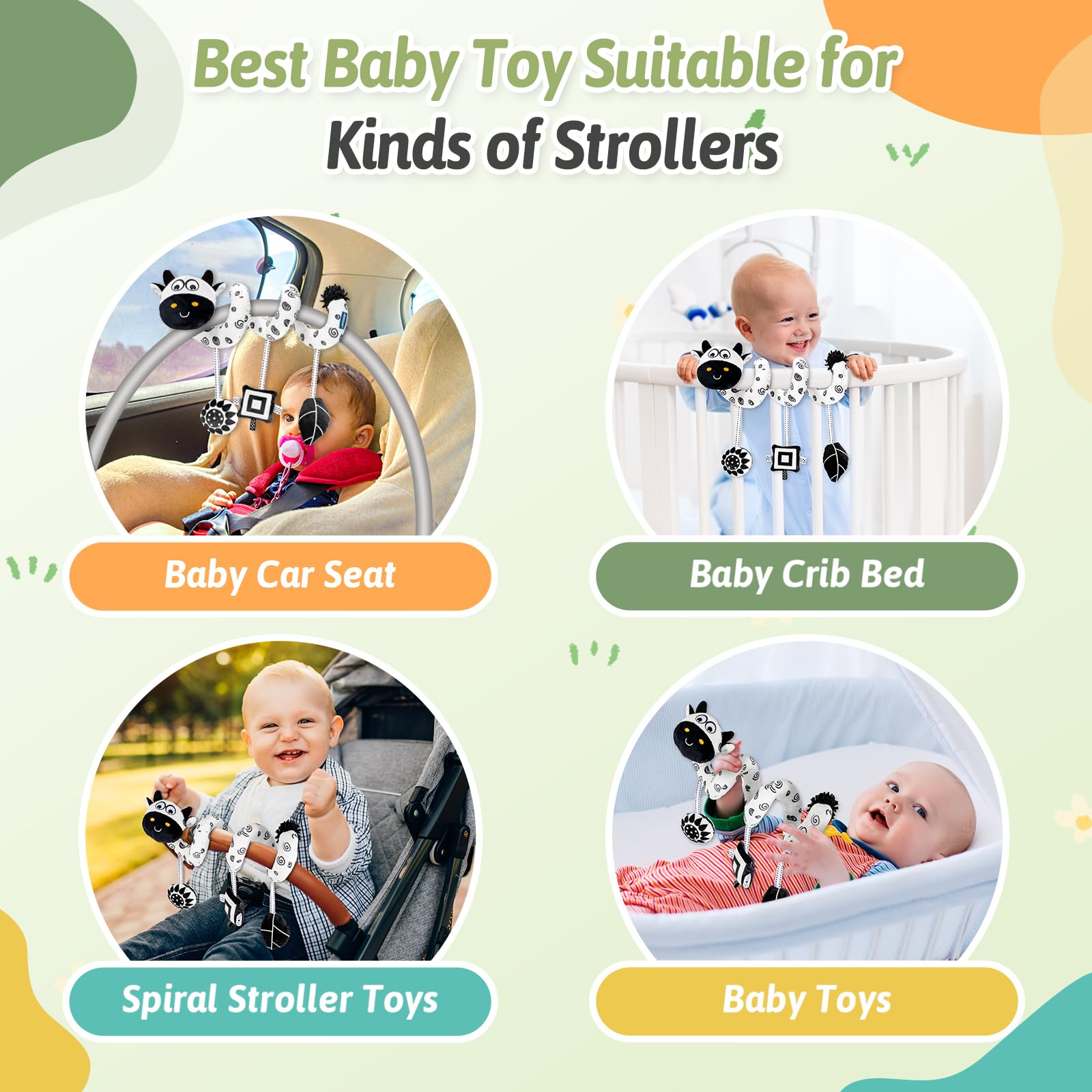 Car Seat Toys, Spiral Stroller and Carseat Hanging Toys for Babies 0-6 Months, Black and White High Contrast Baby Toys for Newborn 0-3 Months, Crib/Bassinetr Infant Toys (Cow)