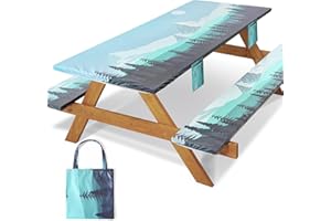 Jobunai Fitted Picnic Table Cover with Bench Covers Elastic Waterproof Outdoor Camping Tablecloth for 6 Foot Rectangle Tables Camper Summer Accessories Rv Car Essentials Vacation Gifts for Women Men