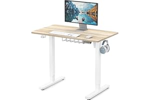 SHW 40 x 22 Inches Electric Height Adjustable Sit to Stand Desk with Hanging Hooks and Cable Management, 100 x 55 cm, Maple