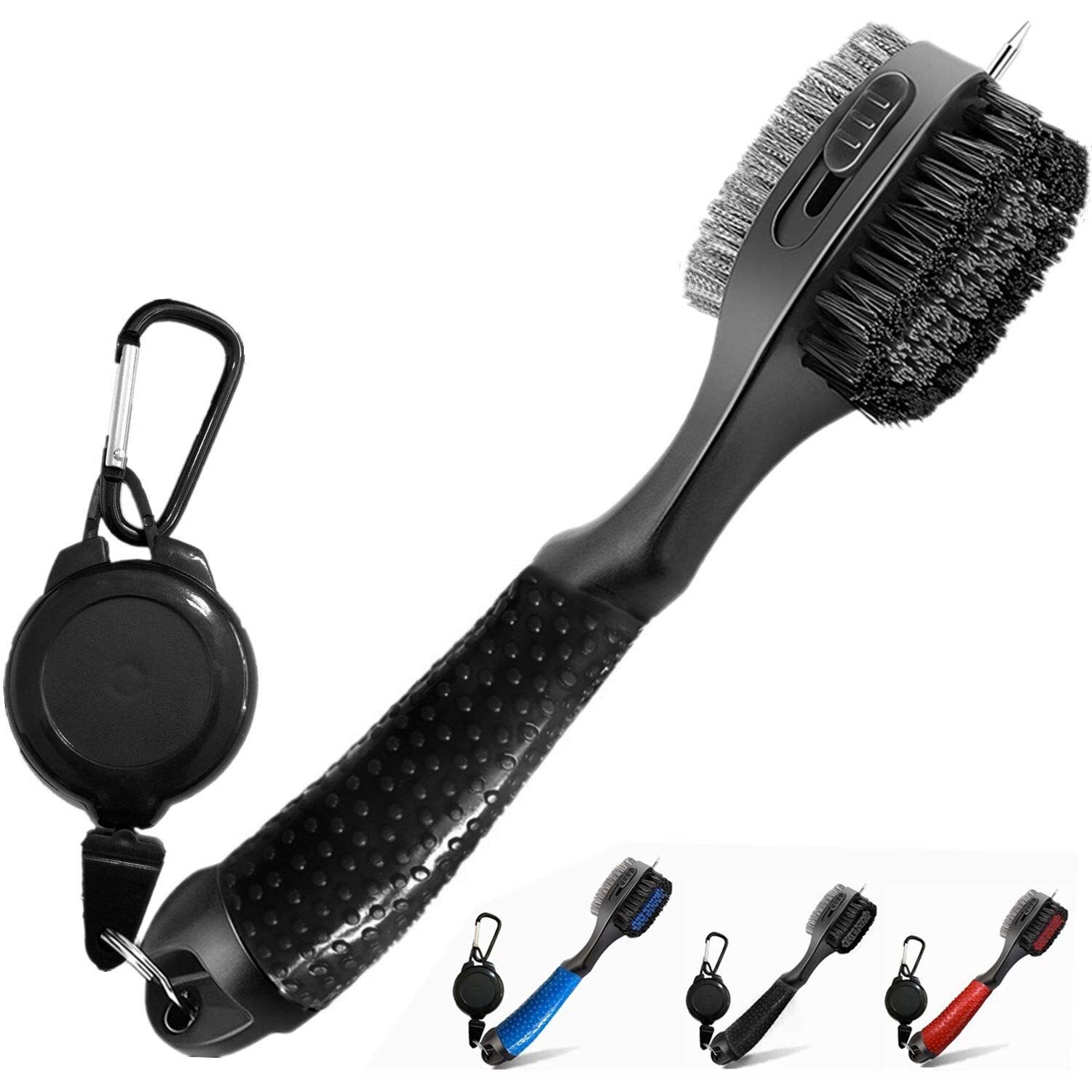 FINGER TEN Golf Club Cleaner Brush Oversized Brush Head Double Sided Brush with Spike for Cleaning Club Groove Retractable Zip-Line Clip Easy to Use (Black-Wiithout Matnetic Clip)