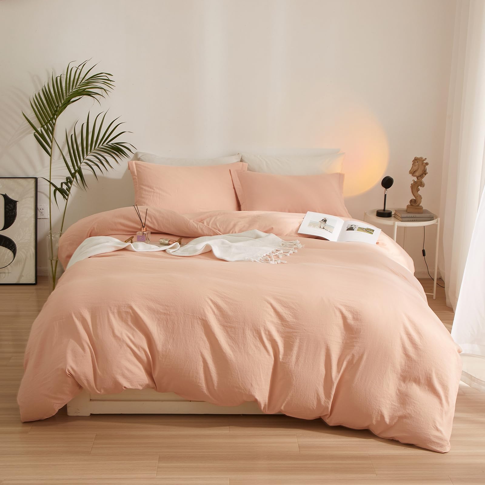 AMWAN Pink Duvet Cover Queen Size Soft Washed Microfiber Modern Style 3 Pieces Pink Comforter Cover Boho Blush Bedding Set 1 Duvet Cover 90”x90” with 2 Pillowcases, Zipper Closure