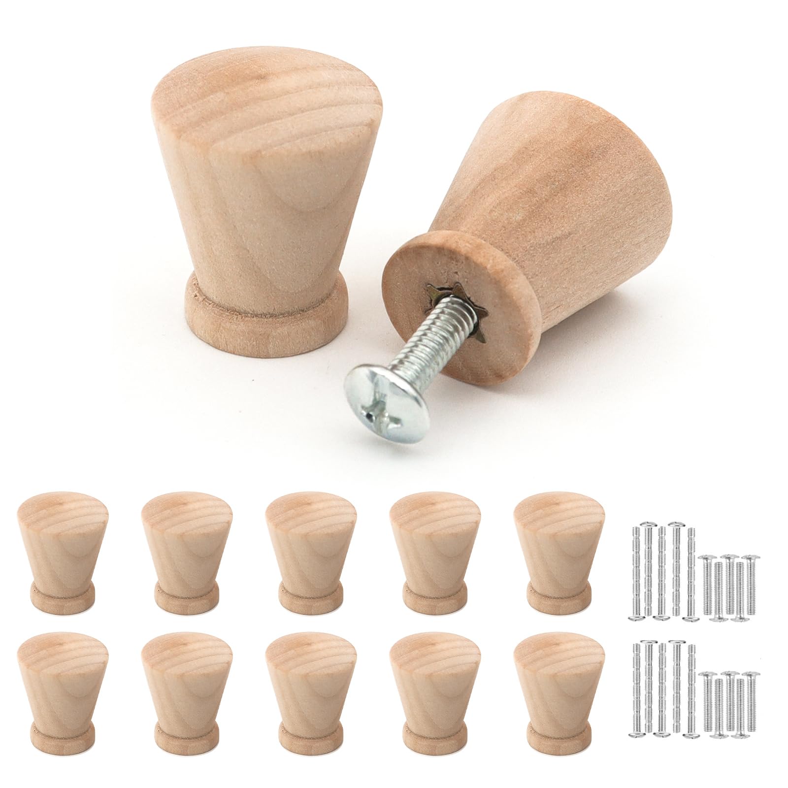Misuyue Wooden Drawer Knobs, Cabinet Wardrobe Knobs - Set of 10 Natural Wooden Taper Handles with Screws (21X24MM)