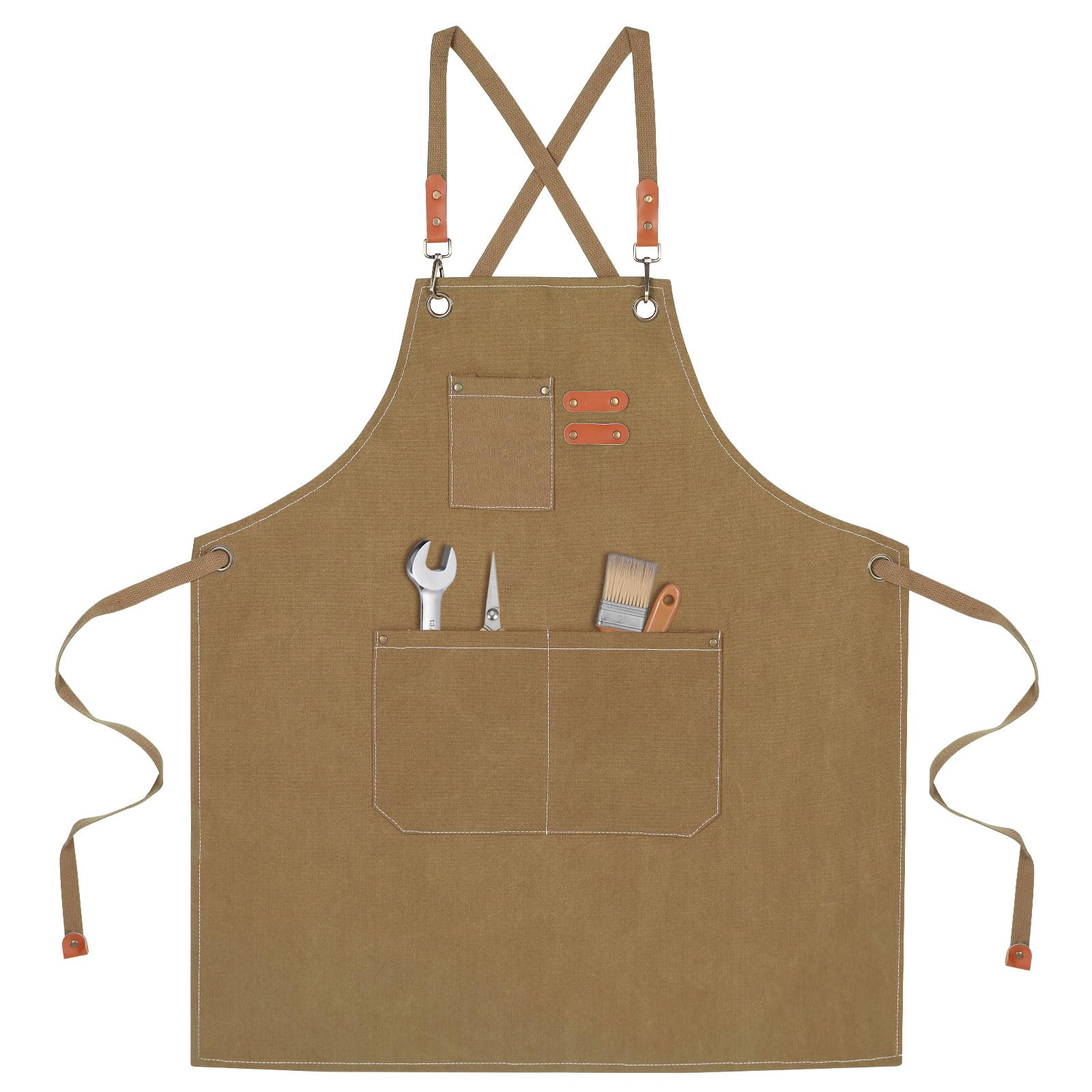 Uxcell Chef Apron for Men and Women with Large Pockets, Cotton Canvas Cross Back Aprons for Kitchen Cooking Art Painting, Fits for Size M to XXL, Khaki