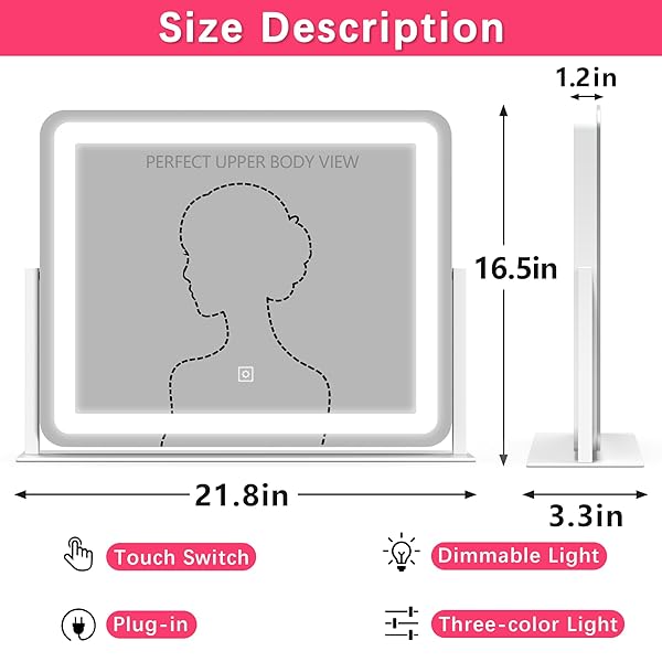 ROLOVE 22X17 INCH LIGHTED VANITY MIRROR WITH DIMMABLE LED LIGHTS – 3 COLOR MODES, SMART TOUCH CONTROL & 360° ROTATING BASE – DESK MAKEUP MIRROR (WHITE)