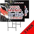 100% Hand Car Wash | 2-Pack Double Sided Outdoor Yard Signs with Metal Ground Stakes | Full Color | 24 x 18 Inches