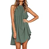 KIRUNDO Women's 2025 Summer Halter Neck Sleeveless Mini Dress Loose Tank Top Pleated Flowy Short Beach Sundresses