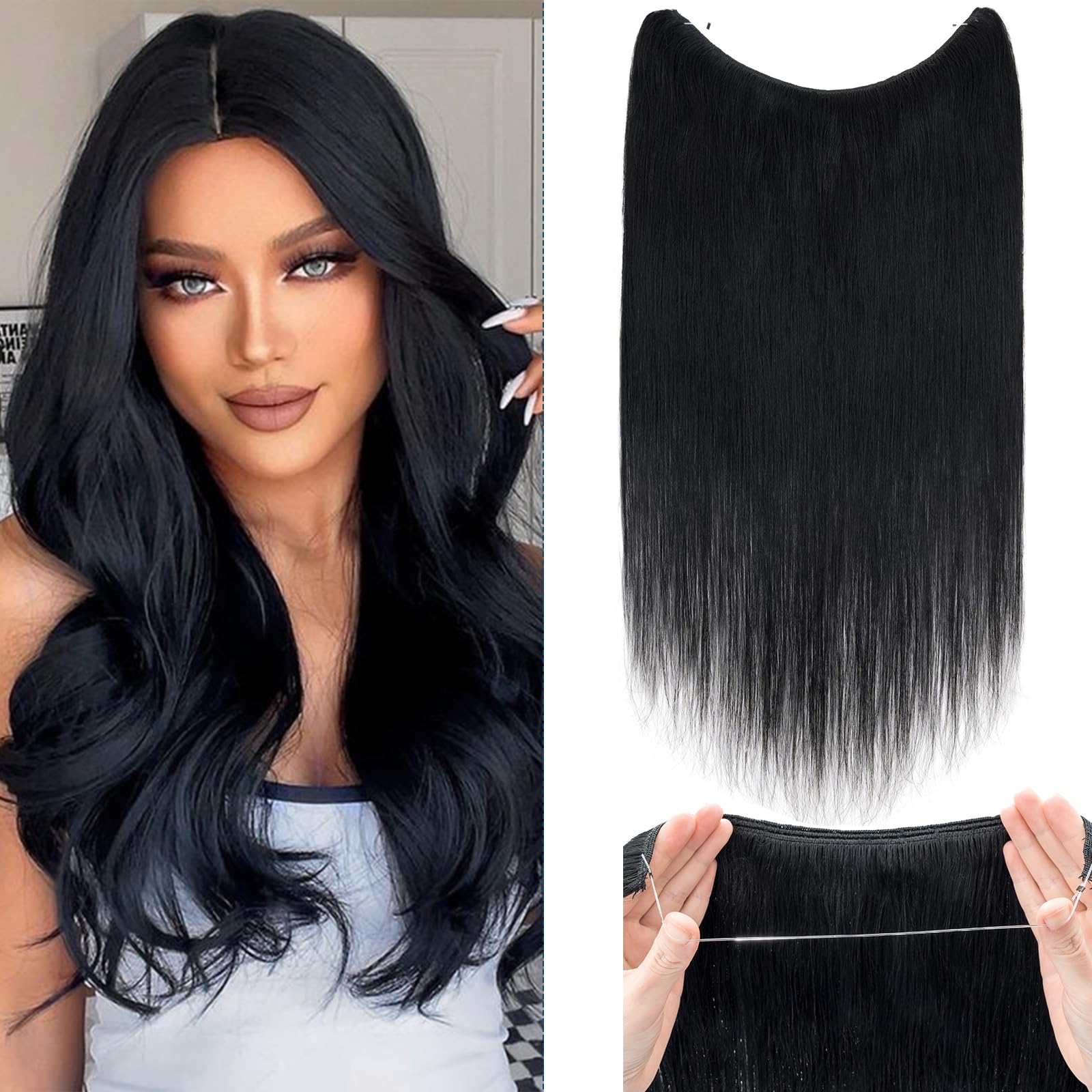 Silk-co 16inch Hidden Wire in Hair Extensions One Piece Real Remy Human Hair Natural Straight Half Head #01 Jet Black