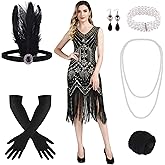 FEPITO 1920s Flapper Dresses for Women, Fringed Sequin Great Gatsby Dress for Women with 20s Accessories, Roaring 20s Costume