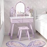 ROBUD Kids Vanity Table Set with Mirror, Drawer, Chair &amp; Accessories | Cute kids vanity set with mirror, drawer, chair and accessories for girls' pretend play, dressing up and bedroom storage