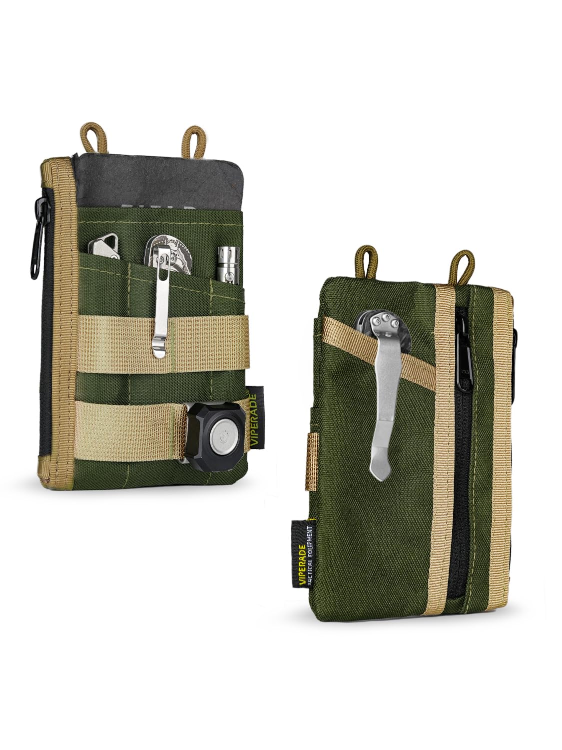 VIPERADE VE16N EDC Pouch Tool Organizer, Multifunction Small Tools Pouch with 7 Pockets, EDC Organizer Pouch for Men, Slim Multitools Pocket Organizer for Everyday Carry- Green+Khaki
